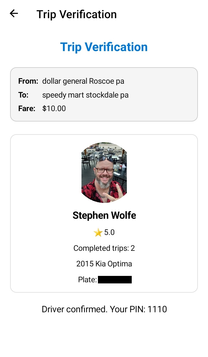 Passenger reviewing driver details and receiving a trip PIN in TaxiSearcher